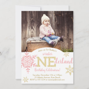 Invitation Hiver ONEderland Parties scintillant rose et or 1e