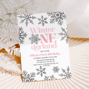 Invitation Hiver Onederland Pink Silver Snowflake Anniversair