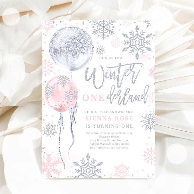 Invitation Hiver Onederland Pink Silver Snowflake Anniversair (Créateur téléchargé)