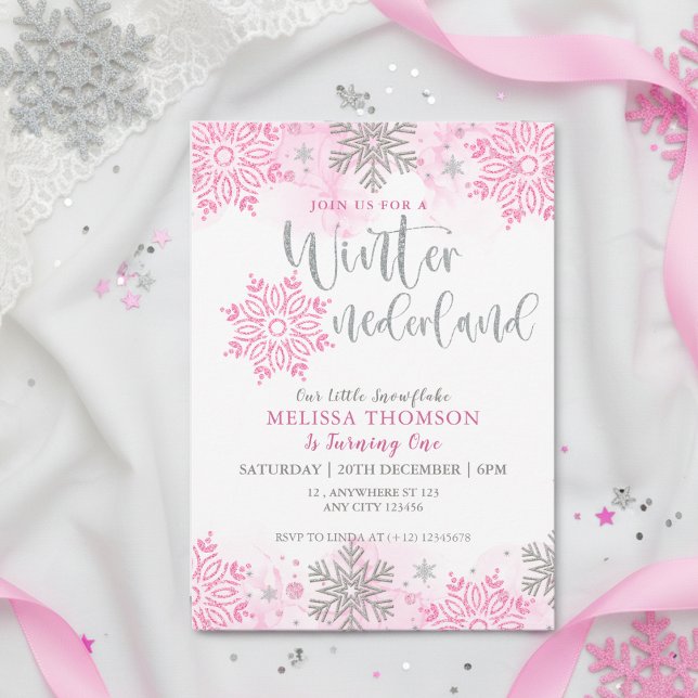 Invitation Hiver Onederland Pink Sparkake Snowflake Anniversa (Créateur téléchargé)