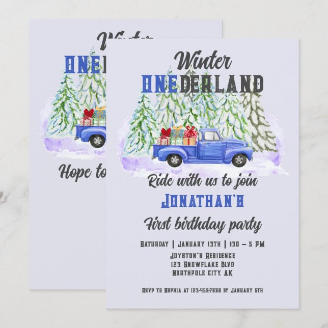 Invitation Hiver Onederland Premier anniversaire Blue Truck B (Devant / Derrière)