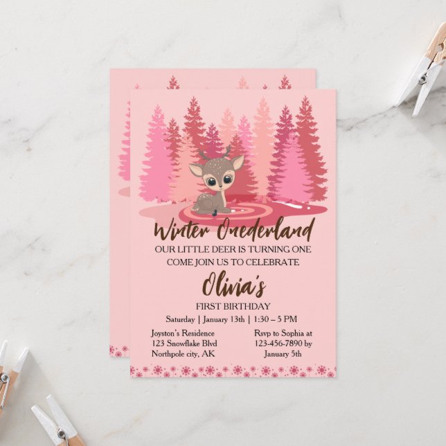 Invitation Hiver Onederland Premier anniversaire Deer Pink Fo (Devant/Arrière en situation)