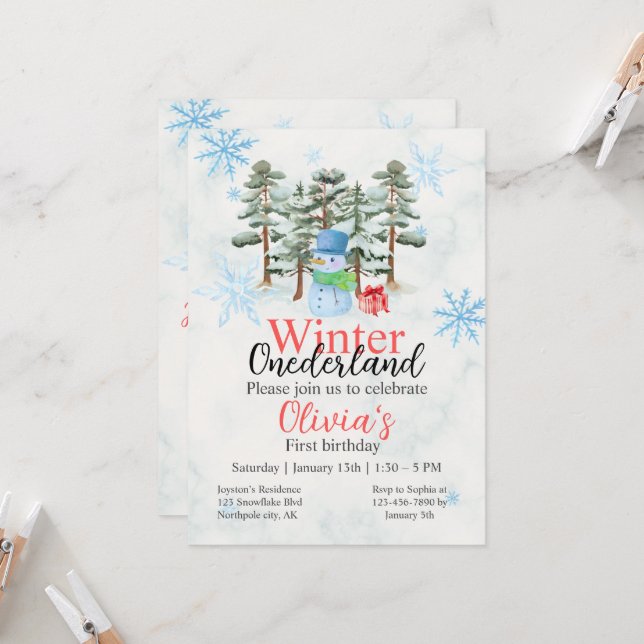 Invitation Hiver Onederland Premier anniversaire mignon snowm (Devant/Arrière en situation)