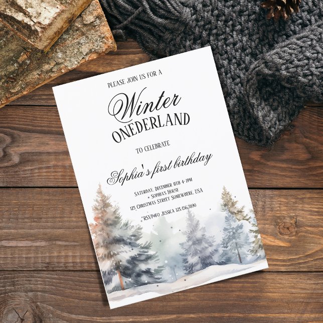 Invitation Hiver Onederland Premier anniversaire Pine Tree Wo (Créateur téléchargé)