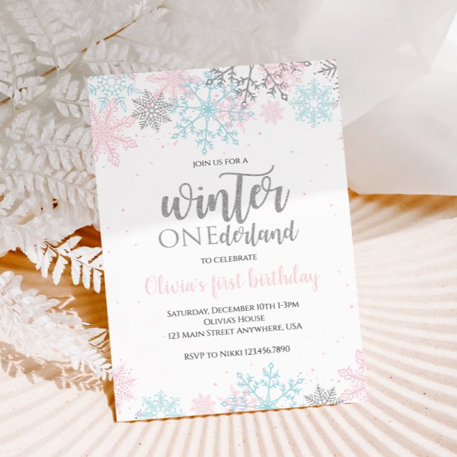 Invitation Hiver Onederland Premier Anniversaire Rose Bleu Ne (Créateur téléchargé)