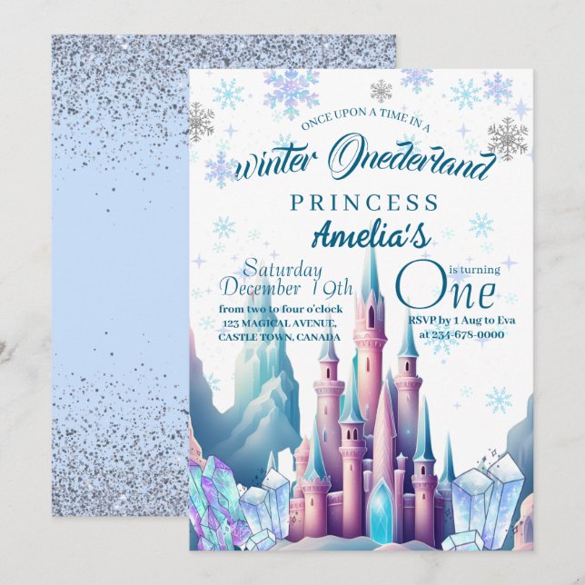 Invitation Hiver Onederland Princesse 1er anniversaire (Devant / Derrière)