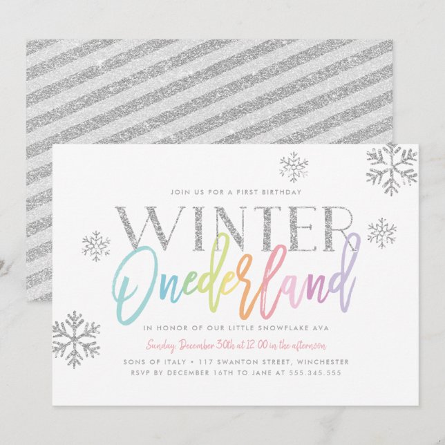 Invitation Hiver ONEderland Rainbow Silver Glam 1er anniversa (Devant / Derrière)