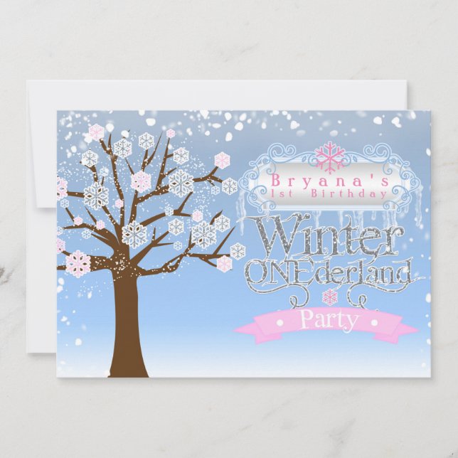 Invitation Hiver ONEderland rose Anniversaire Photo Invitatio (Devant)