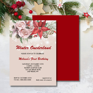 Invitation hiver onederland rose floral poinsettia rouge