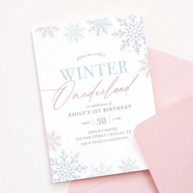 Invitation Hiver Onederland rose violet Parties scintillant 1 (Créateur téléchargé)