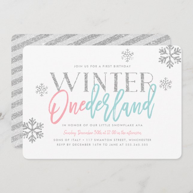 Invitation Hiver ONEderland Silver Glittery 1er anniversaire (Devant / Derrière)