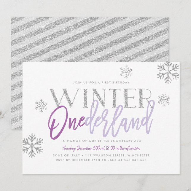 Invitation Hiver ONEderland Silver Glitz Purple 1er anniversa (Devant / Derrière)