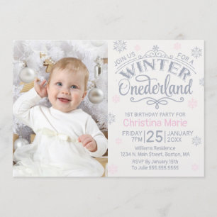 Invitation Hiver Onederland Silver Pink Snowflake 1er