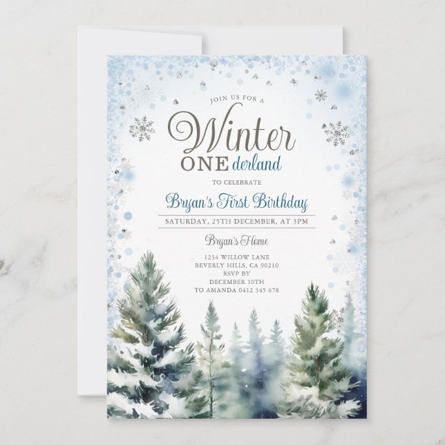 Invitation Hiver Onederland Silver Snowflakes Arbre Anniversa (Devant)