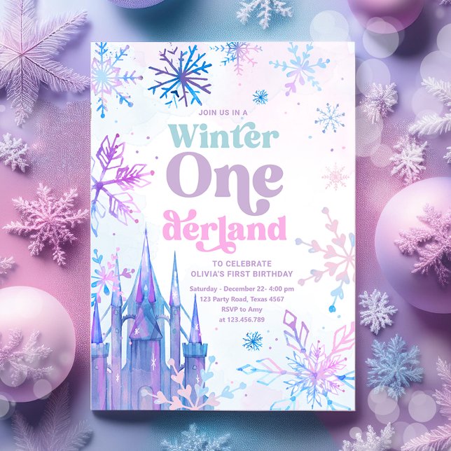 Invitation Hiver Onederland Snowflakes Castle Girl Anniversai (Créateur téléchargé)