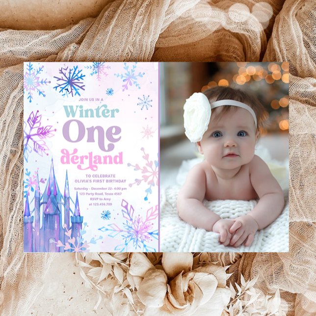 Invitation Hiver Onederland Snowflakes Castle Girl Anniversai (Créateur téléchargé)