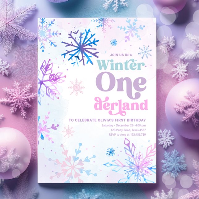 Invitation Hiver Onederland Snowflakes Fille premier annivers (Créateur téléchargé)