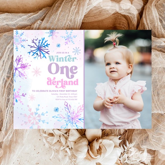 Invitation Hiver Onederland Snowflakes Fille premier annivers (Créateur téléchargé)
