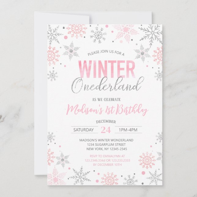 Invitation Hiver Onederland Snowflakes Premier anniversaire (Devant)