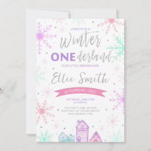 Invitation Hiver Onederland violet, bleu et rose