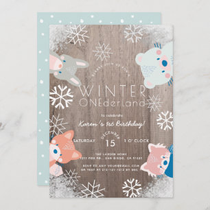 Invitation Hiver Onederland Woodland Animaux Bleus Anniversai