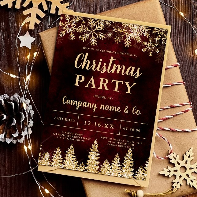 Invitation hiver or neige pin rouge entreprise Noël (Winter gold snow pine red corporate Christmas Invitation)