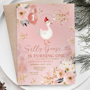Invitation Hiver Or rose Floral Silly Goose 1er Anniversaire