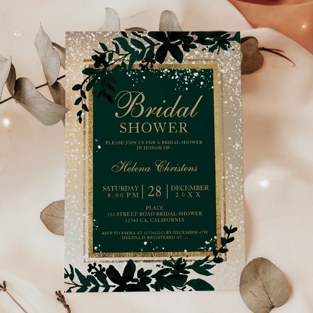 Invitation Hiver or typographie feuille neige naine douche (Winter gold typography leaf snow bridal shower invitation on green)