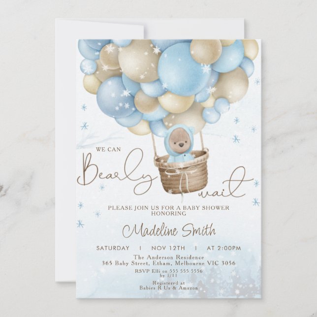 Invitation Hiver Ourson à air chaud Baby shower prématuré (Devant)
