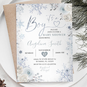 Invitation Hiver Pastel Blue Snowflake Baby shower Floral En