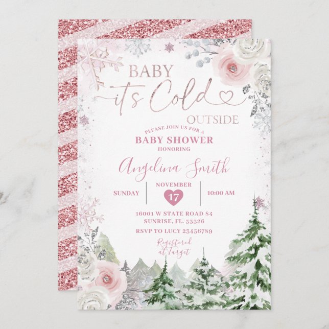 Invitation Hiver Pastel Pink Snowflake Baby shower Floral (Devant / Derrière)