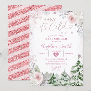 Invitation Hiver Pastel Pink Snowflake Baby shower Floral