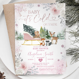 Invitation Hiver Pastel Pink Snowflake Sleigh Baby shower