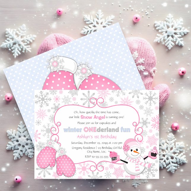 Invitation Hiver personnalisé Un derland 1er anniversaire (Winter one-derland first birthday invitation front and back view.)