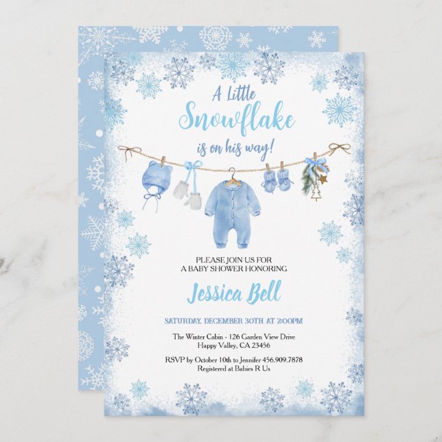 Invitation Hiver Petit Baby shower Flocon de neige Garçon ble (Devant / Derrière)