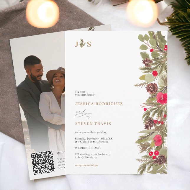 Invitation Hiver pin élégance photo initiale code Qr Mariage (Winter pine elegance initial photo Qr code Wedding Invitation)