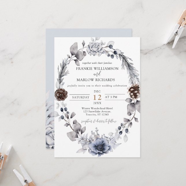 Invitation Hiver Pine Cône Floral Wreath Boho Mariage Invita (Devant/Arrière en situation)