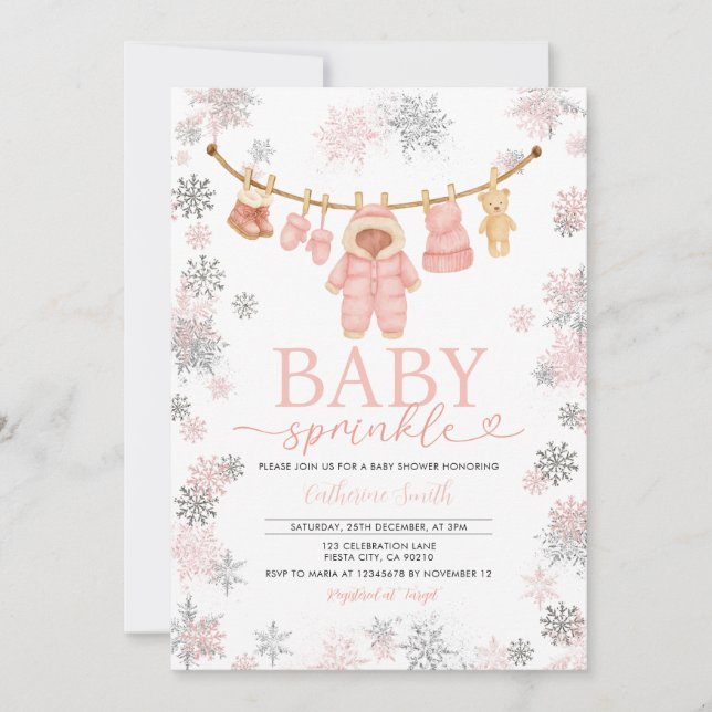 Invitation Hiver Pink Baby Sprinkle Snowflakes Baby shower (Devant)