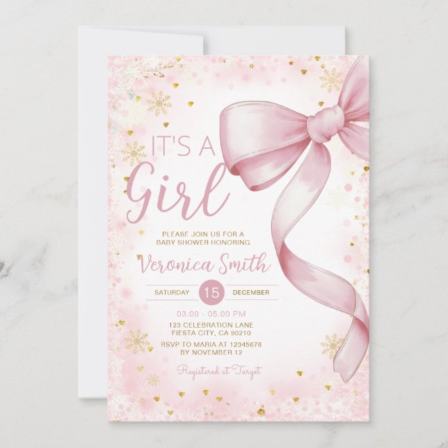 Invitation Hiver Pink Bow thème Girl Coquette Baby shower (Devant)