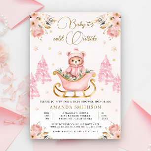 Invitation Hiver Pink or Floral Teddy Bear Baby shower