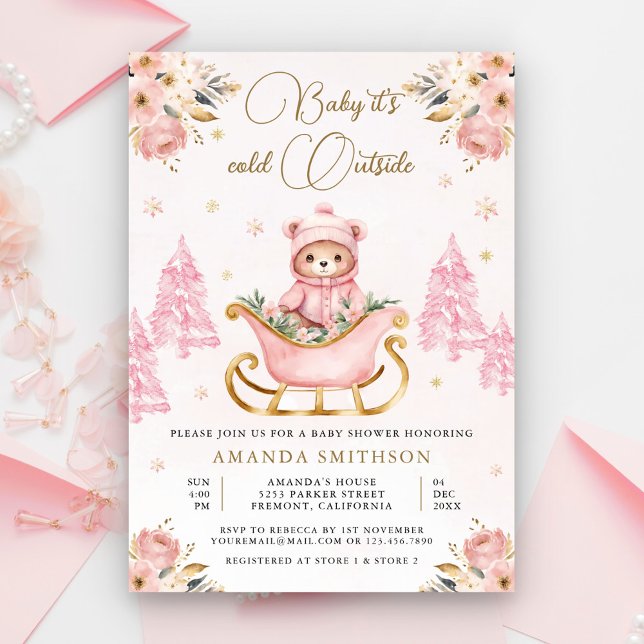 Invitation Hiver Pink or Floral Teddy Bear Baby shower (Créateur téléchargé)