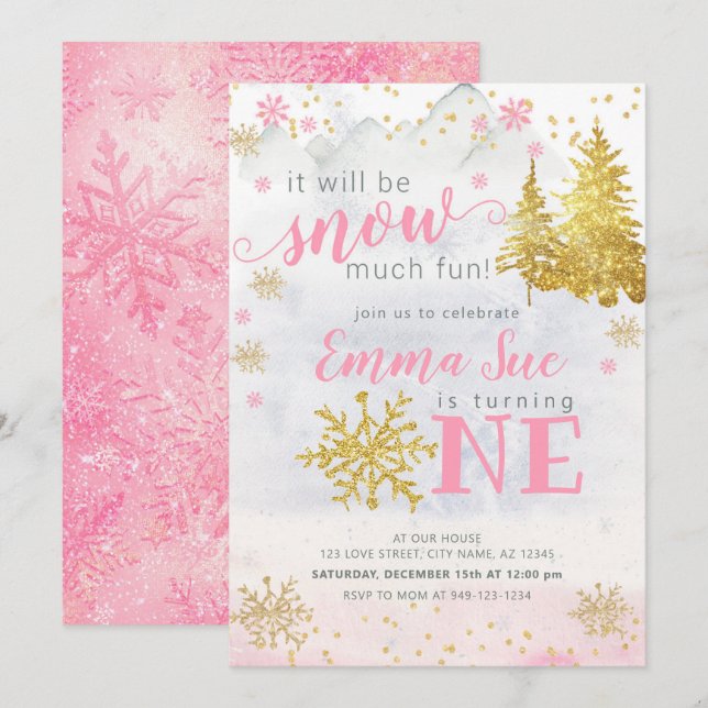 Invitation Hiver Pink Snowflake neige beaucoup de plaisir Ann (Devant / Derrière)