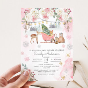 Invitation Hiver Pink Woodland Animaux Fille Baby shower