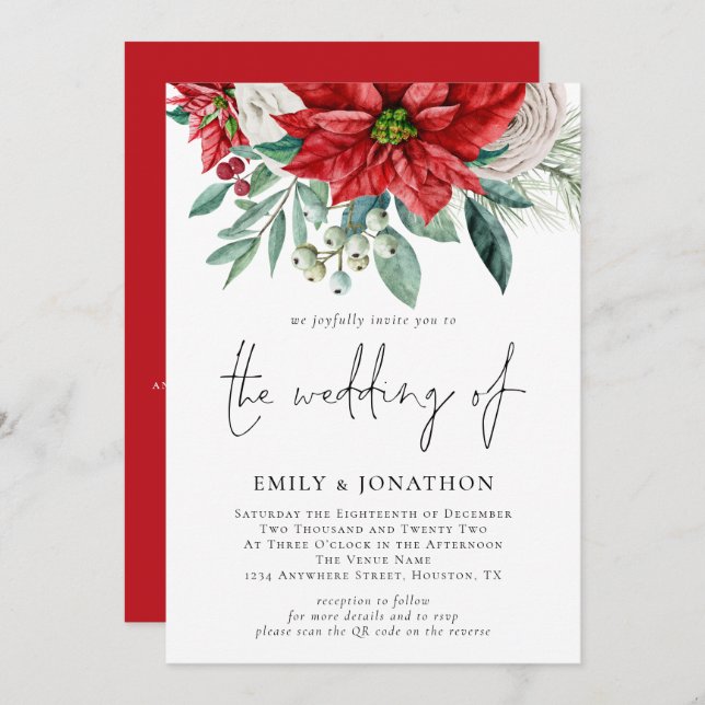 Invitation Hiver Poinsettia Florals Foliting QR Code Mariage (Devant / Derrière)