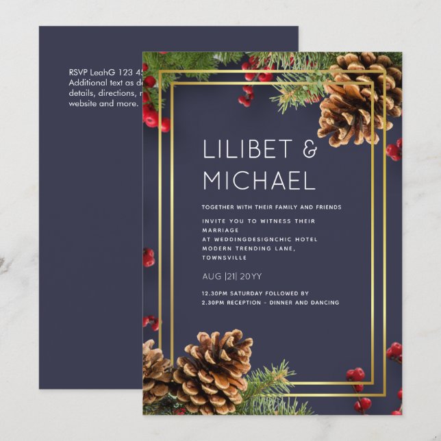 Invitation Hiver Red Berries Pine Cones Mariage (Devant / Derrière)