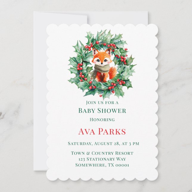 Invitation Hiver Red Fox Green Berries Baby shower Noël (Devant)