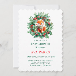 Invitation Hiver Red Fox Green Berries Baby shower Noël