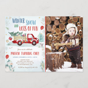 Invitation Hiver Red Truck Snow Fun Boy Premier anniversaire