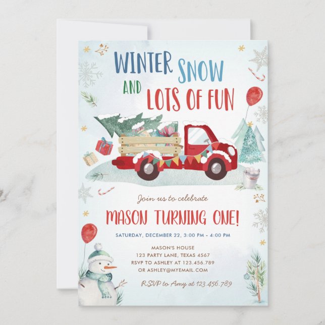 Invitation Hiver Red Truck Snow Fun Boy Premier anniversaire (Devant)