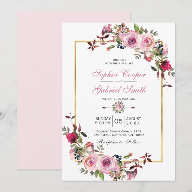 Invitation Hiver Rose Mauve Rose Floral Pine Branche Mariage (Devant / Derrière)